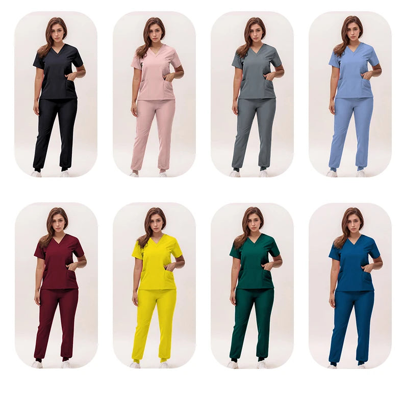 Women's Medical Scrubs Set 2025 - V-Neck Top & Jogger Pants Nursing Uniform