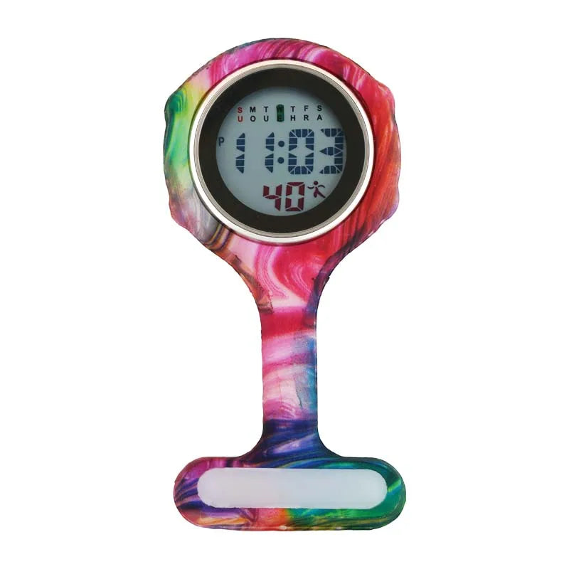 Digital Silicone Nurse Watch - Printed Fob Watch with Brooch Clip
