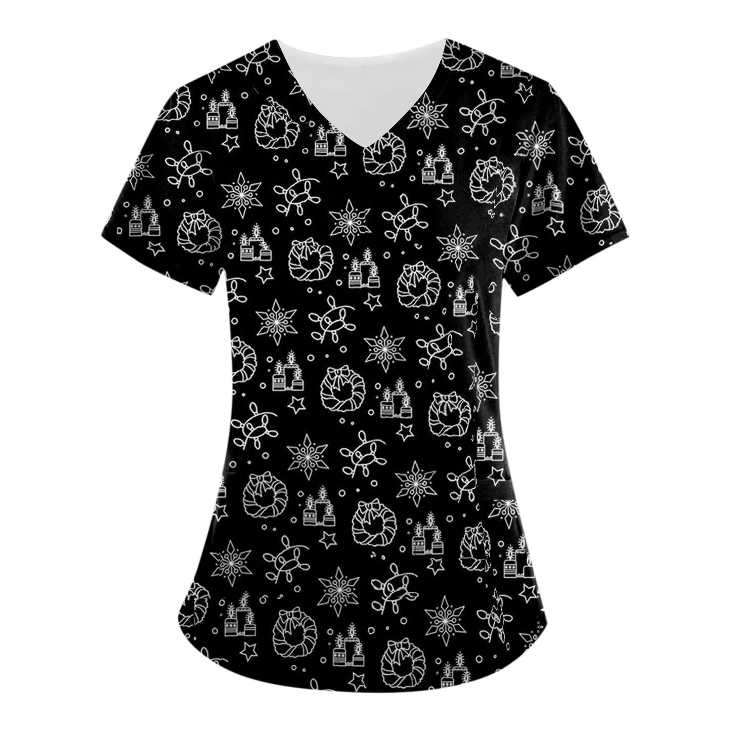 Christmas Scrub Top - Women's V-Neck Nursing Uniform with Festive Cartoon Print