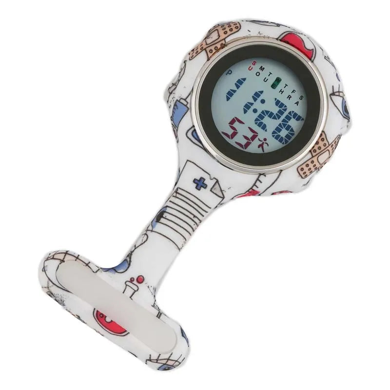 Digital Silicone Nurse Watch - Printed Fob Watch with Brooch Clip