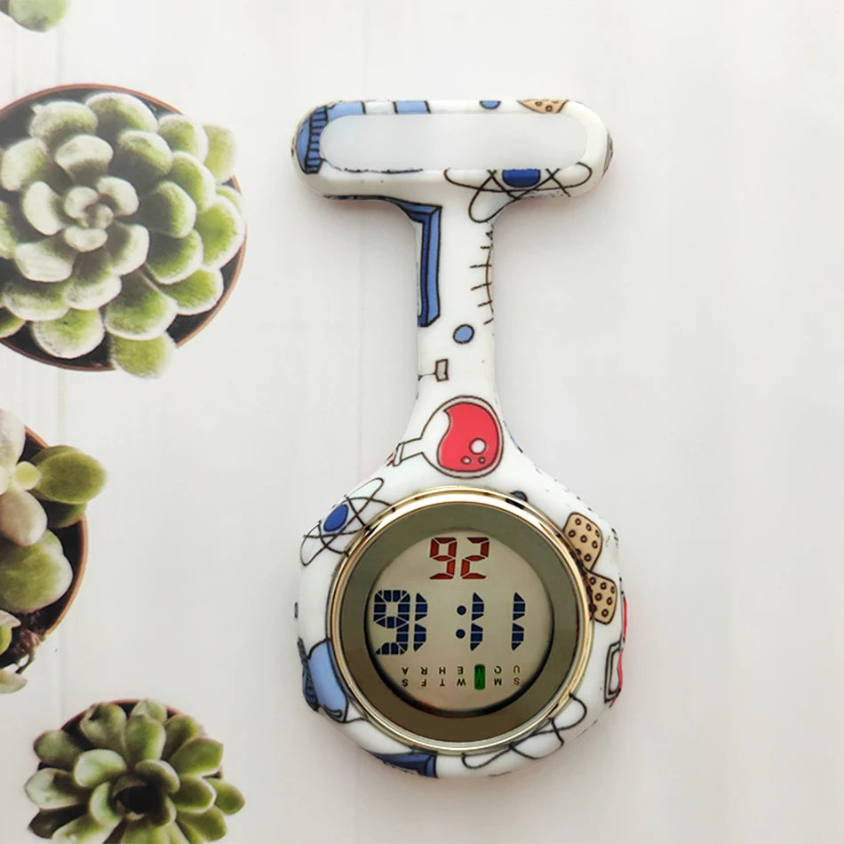 Digital Silicone Nurse Watch - Printed Fob Watch with Brooch Clip
