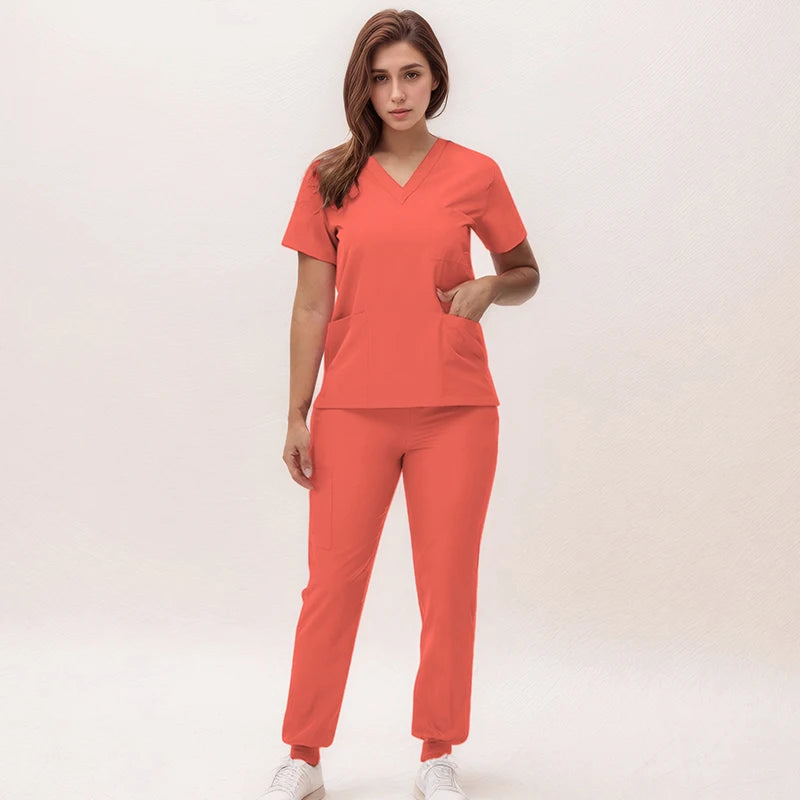 Women's Medical Scrubs Set 2025 - V-Neck Top & Jogger Pants Nursing Uniform