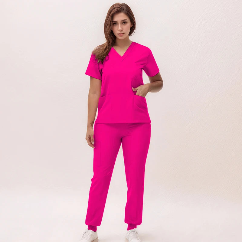 Women's Medical Scrubs Set 2025 - V-Neck Top & Jogger Pants Nursing Uniform