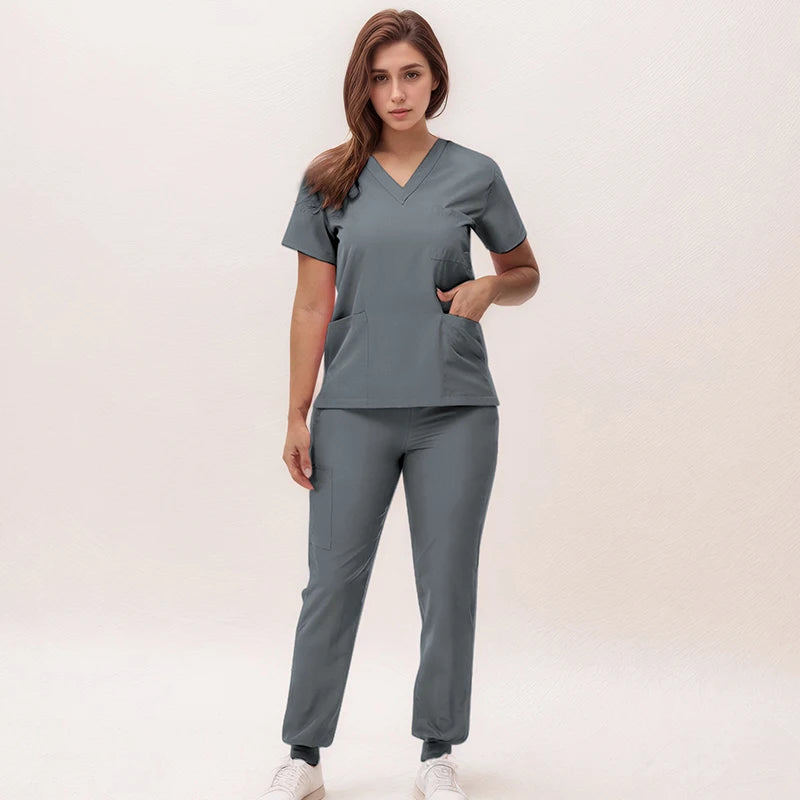 Women's Medical Scrubs Set 2025 - V-Neck Top & Jogger Pants Nursing Uniform
