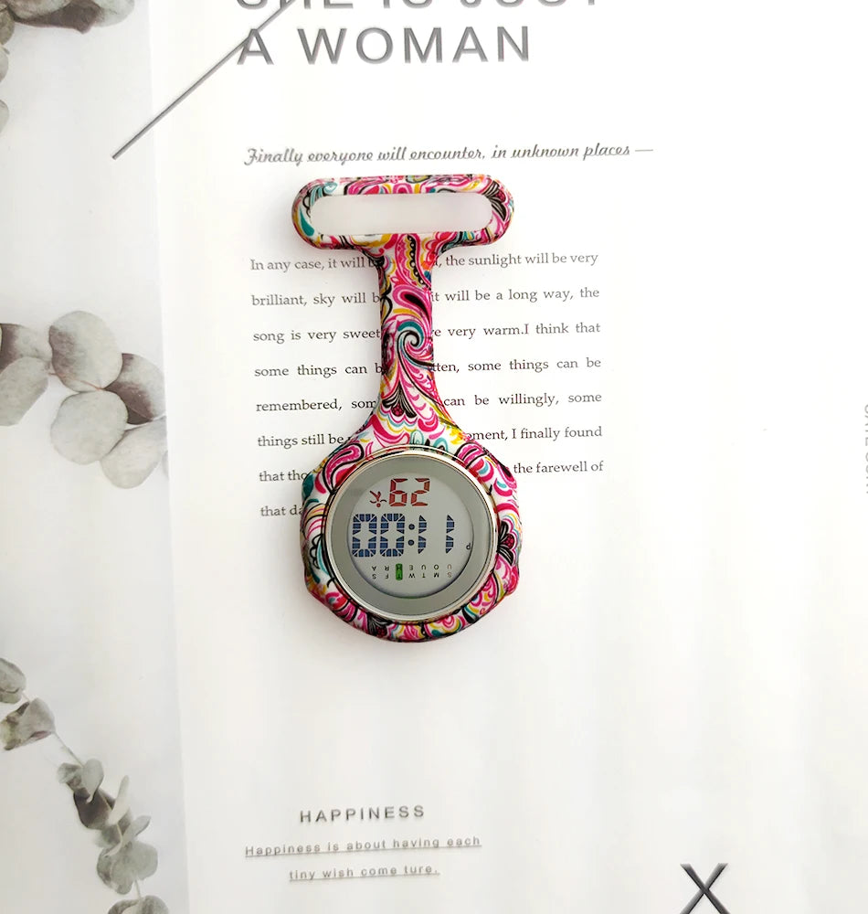 Digital Silicone Nurse Watch - Printed Fob Watch with Brooch Clip