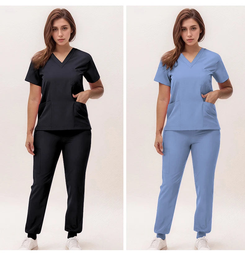 Women's Medical Scrubs Set 2025 - V-Neck Top & Jogger Pants Nursing Uniform
