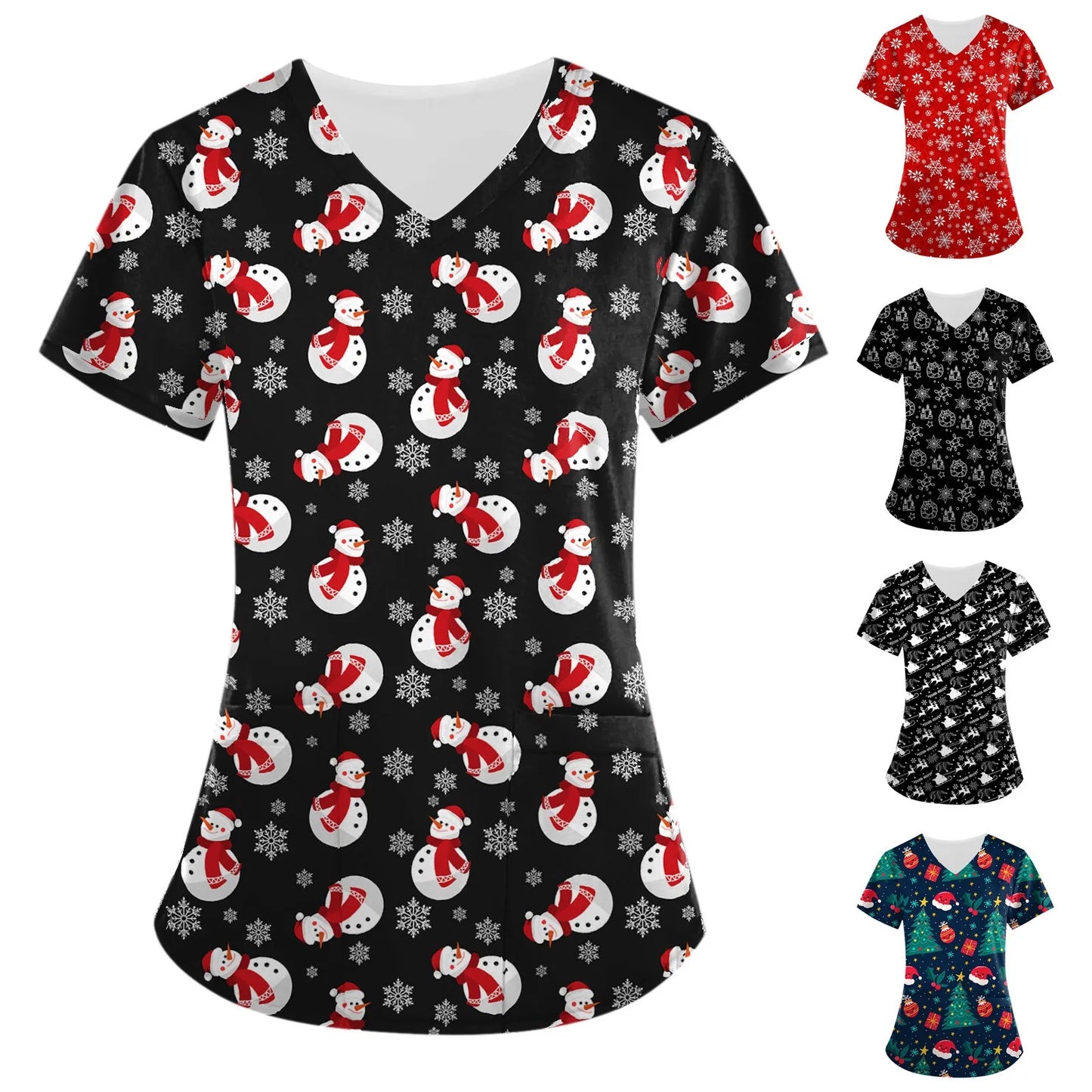 Christmas Scrub Top - Women's V-Neck Nursing Uniform with Festive Cartoon Print
