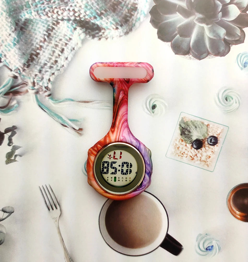 Digital Silicone Nurse Watch - Printed Fob Watch with Brooch Clip