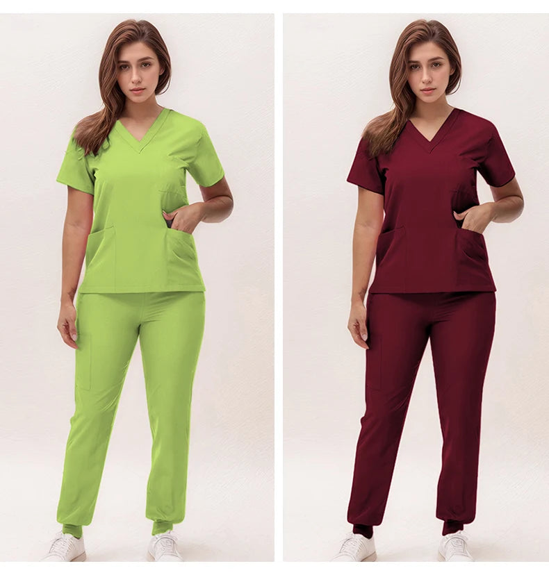 Women's Medical Scrubs Set 2025 - V-Neck Top & Jogger Pants Nursing Uniform
