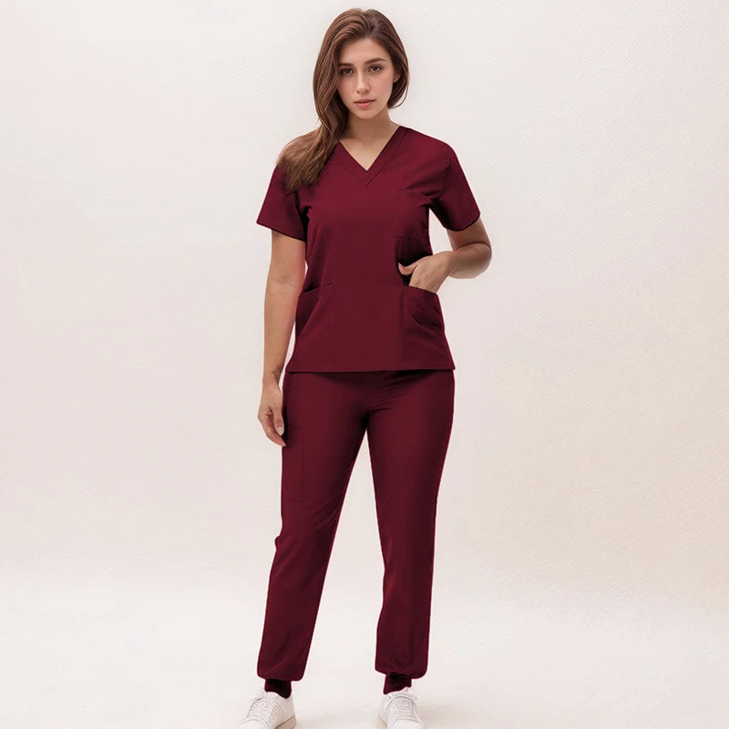 Women's Medical Scrubs Set 2025 - V-Neck Top & Jogger Pants Nursing Uniform