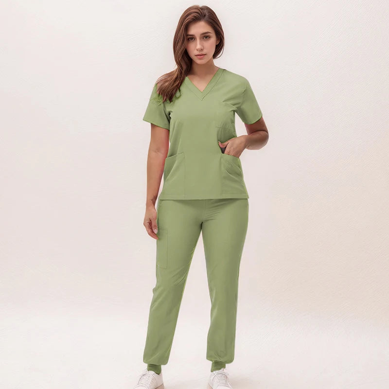Women's Medical Scrubs Set 2025 - V-Neck Top & Jogger Pants Nursing Uniform