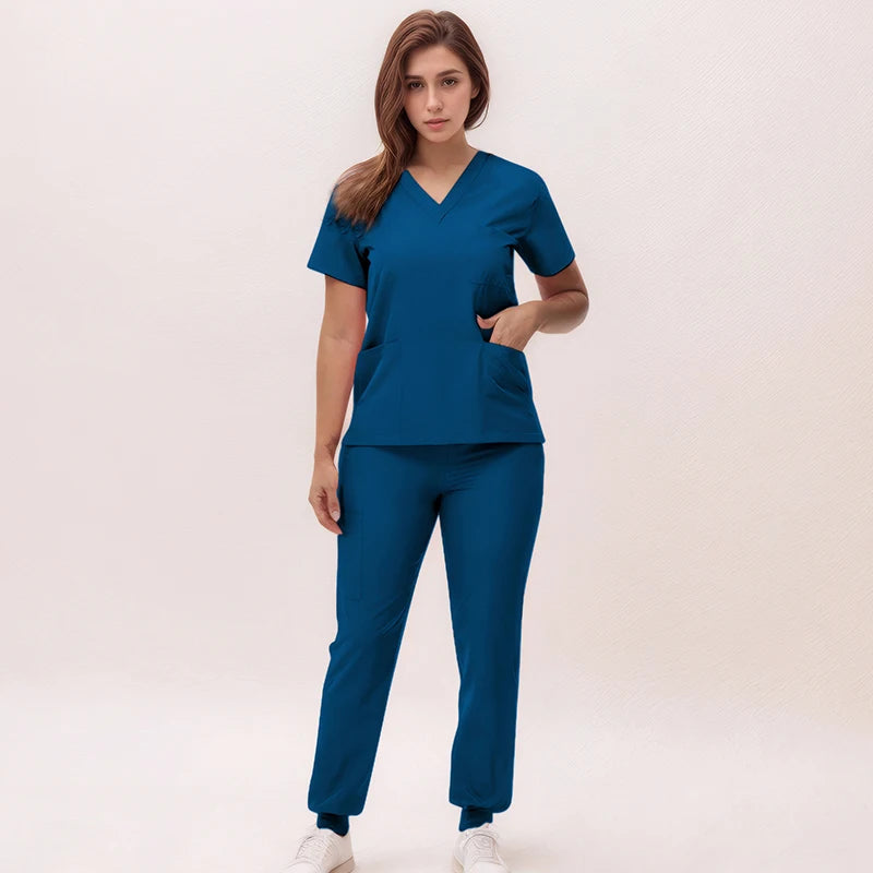 Women's Medical Scrubs Set 2025 - V-Neck Top & Jogger Pants Nursing Uniform