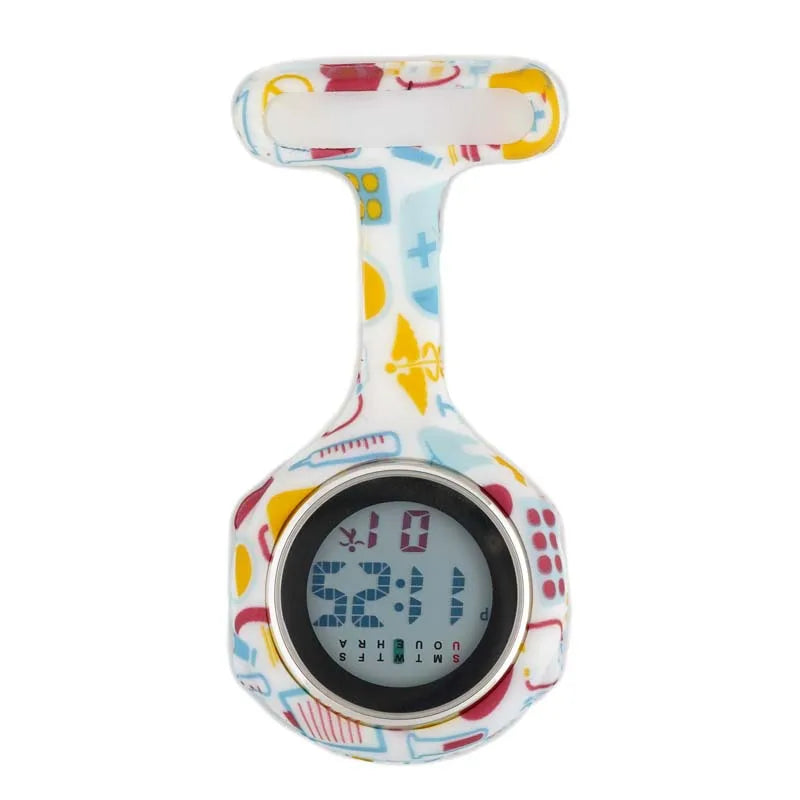 Digital Silicone Nurse Watch - Printed Fob Watch with Brooch Clip