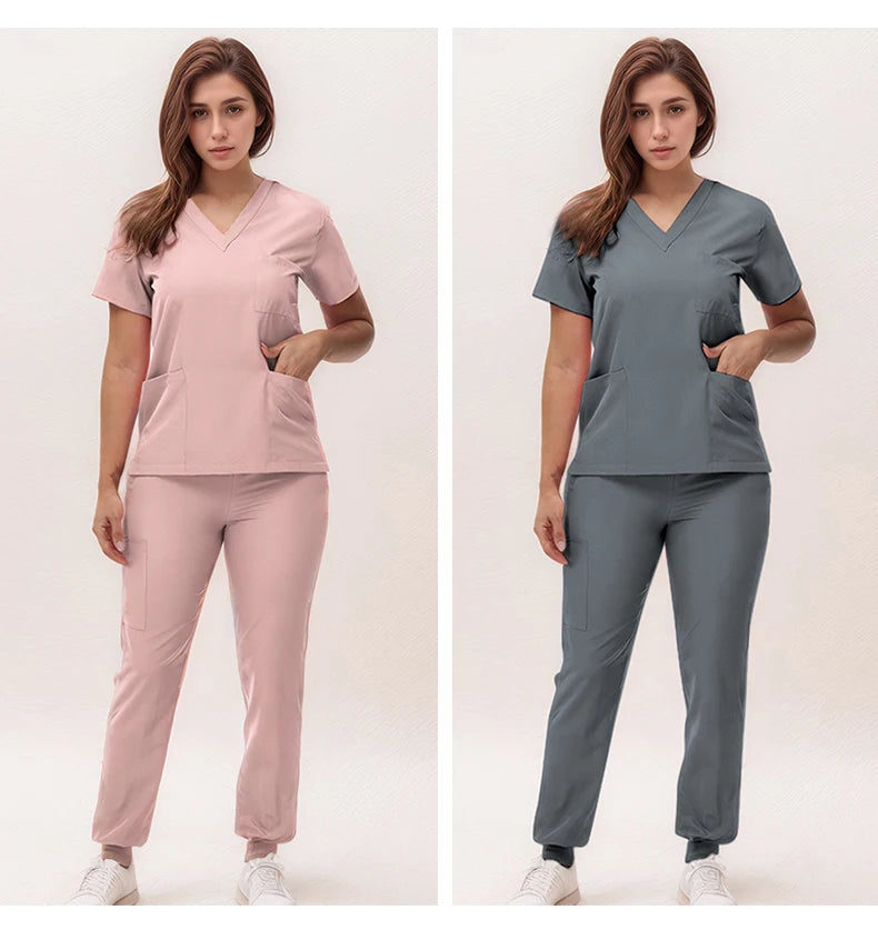 Women's Medical Scrubs Set 2025 - V-Neck Top & Jogger Pants Nursing Uniform