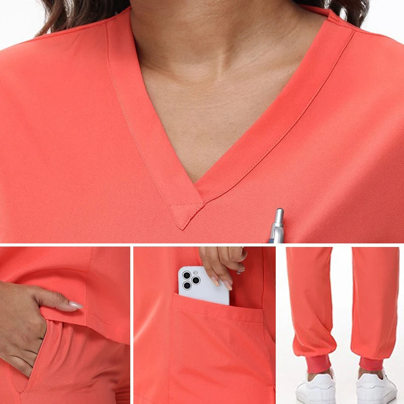 Women's Medical Scrubs Set 2025 - V-Neck Top & Jogger Pants Nursing Uniform