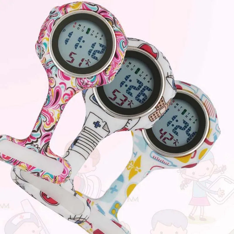 Digital Silicone Nurse Watch - Printed Fob Watch with Brooch Clip