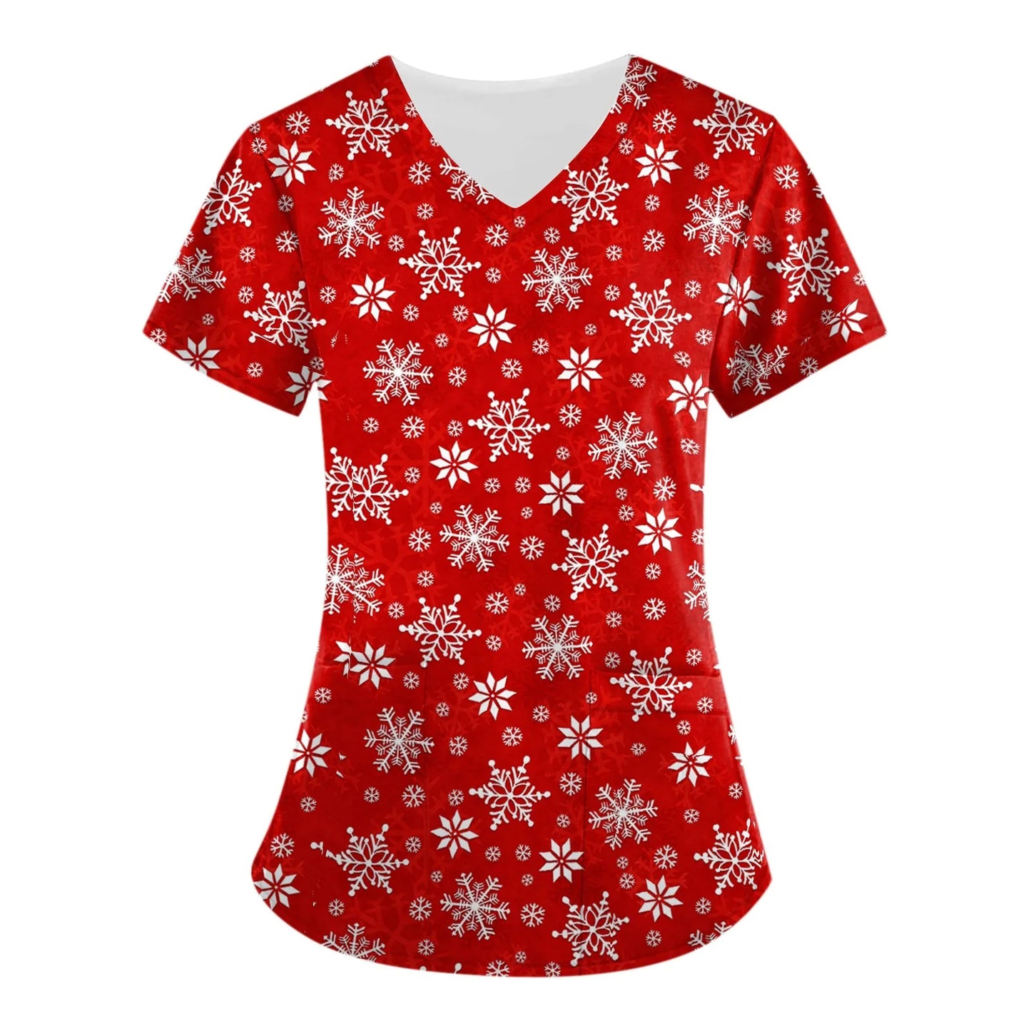 Christmas Scrub Top - Women's V-Neck Nursing Uniform with Festive Cartoon Print
