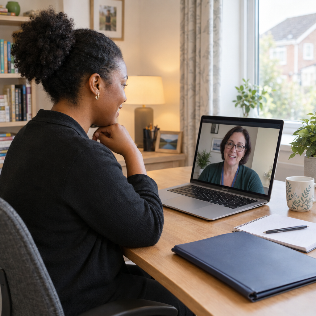 Photo-style image of a nurse discussing revalidation progress by video call at a desk