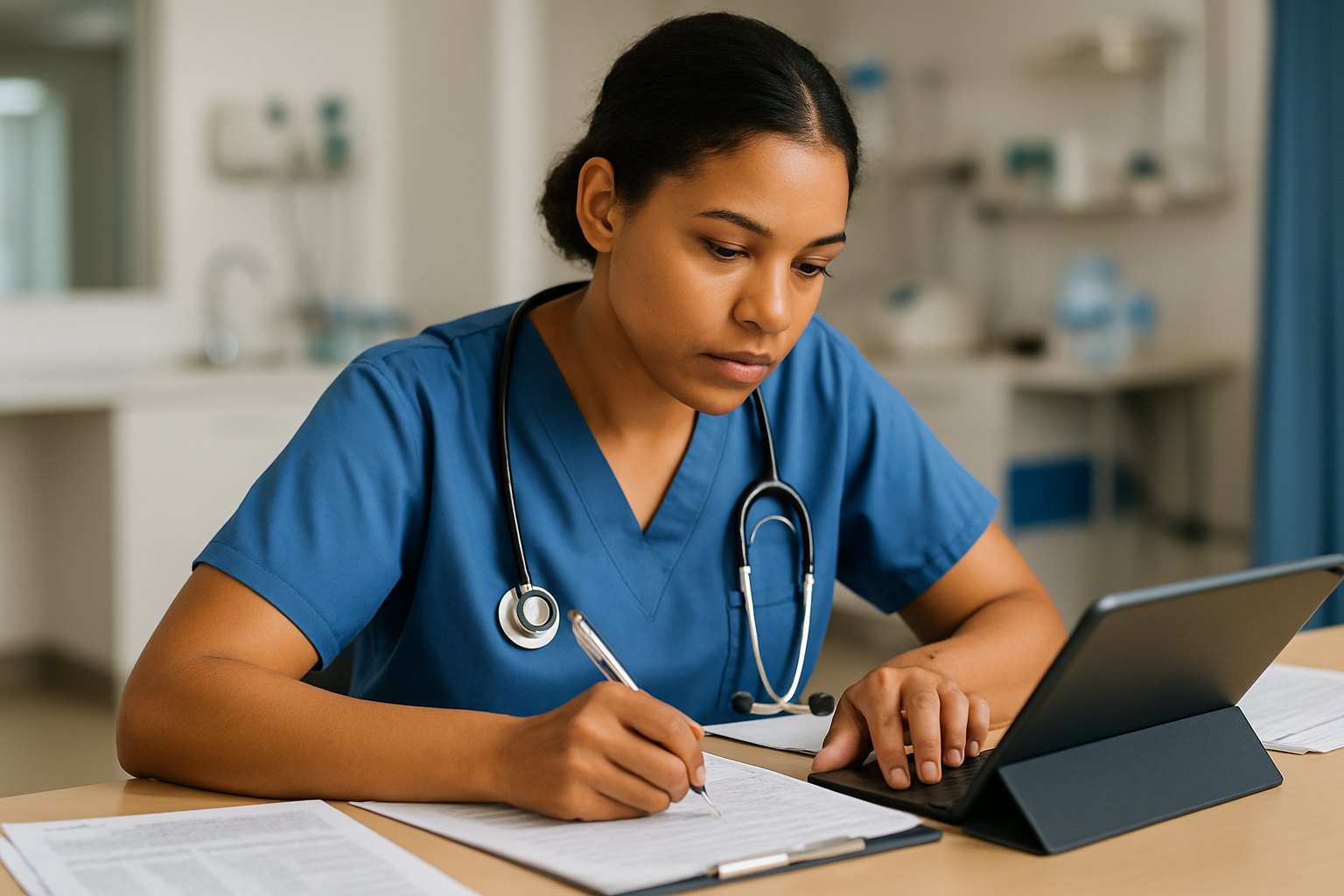 nurse preparing a nursing report