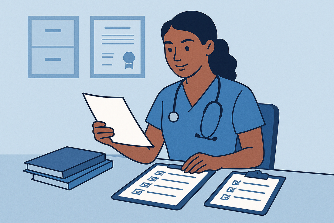 "Nurse preparing NMC revalidation documents and checklist for confirmer appointment