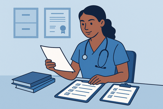 "Nurse preparing NMC revalidation documents and checklist for confirmer appointment