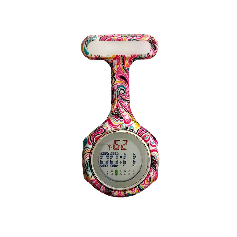Digital Silicone Nurse Watch - Printed Fob Watch with Brooch Clip