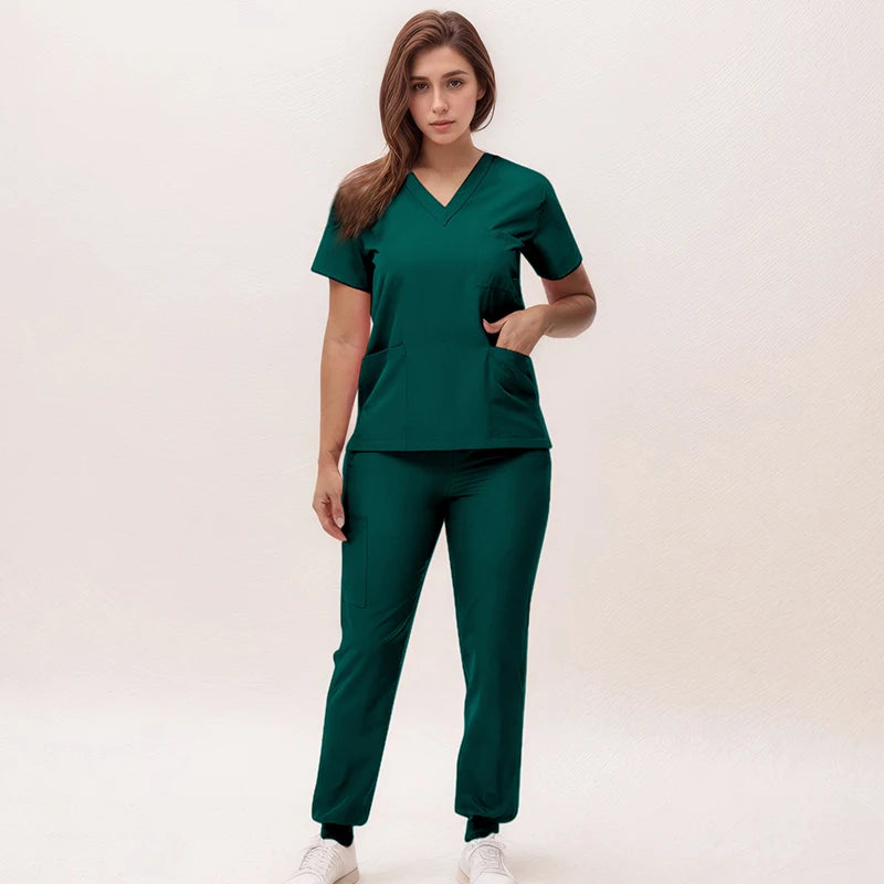 Women's Medical Scrubs Set 2025 - V-Neck Top & Jogger Pants Nursing Uniform