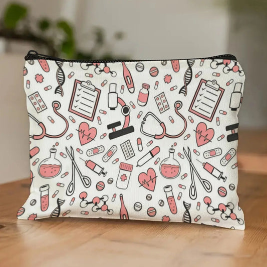 Medical Print Makeup Bag - Nurse Cosmetic Organiser with Pills & Syringe Pattern