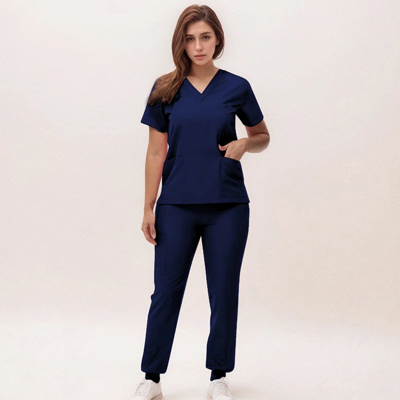 Women's Medical Scrubs Set 2025 - V-Neck Top & Jogger Pants Nursing Uniform