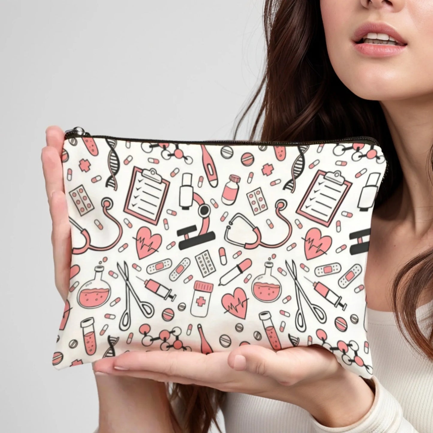 Medical Print Makeup Bag - Nurse Cosmetic Organiser with Pills & Syringe Pattern