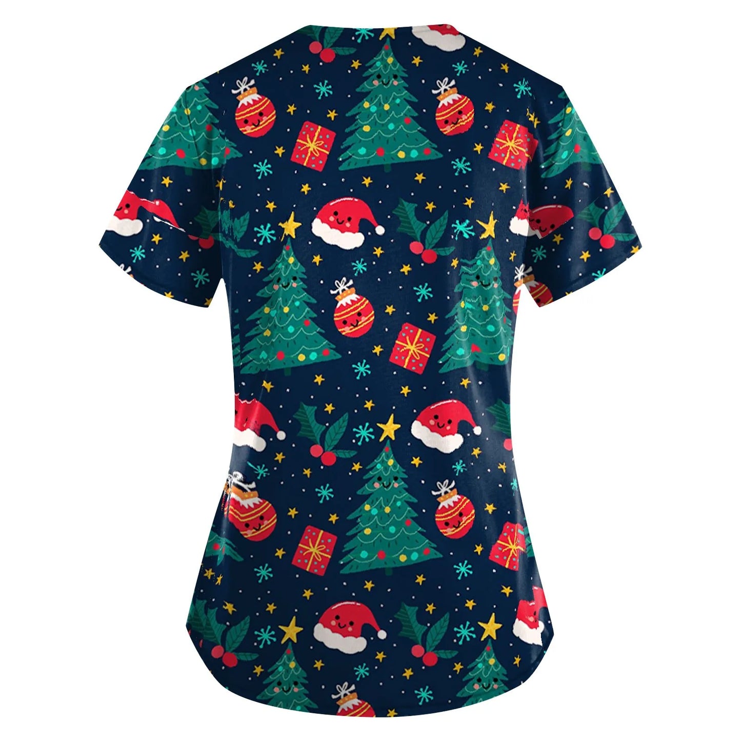 Christmas Scrub Top - Women's V-Neck Nursing Uniform with Festive Cartoon Print