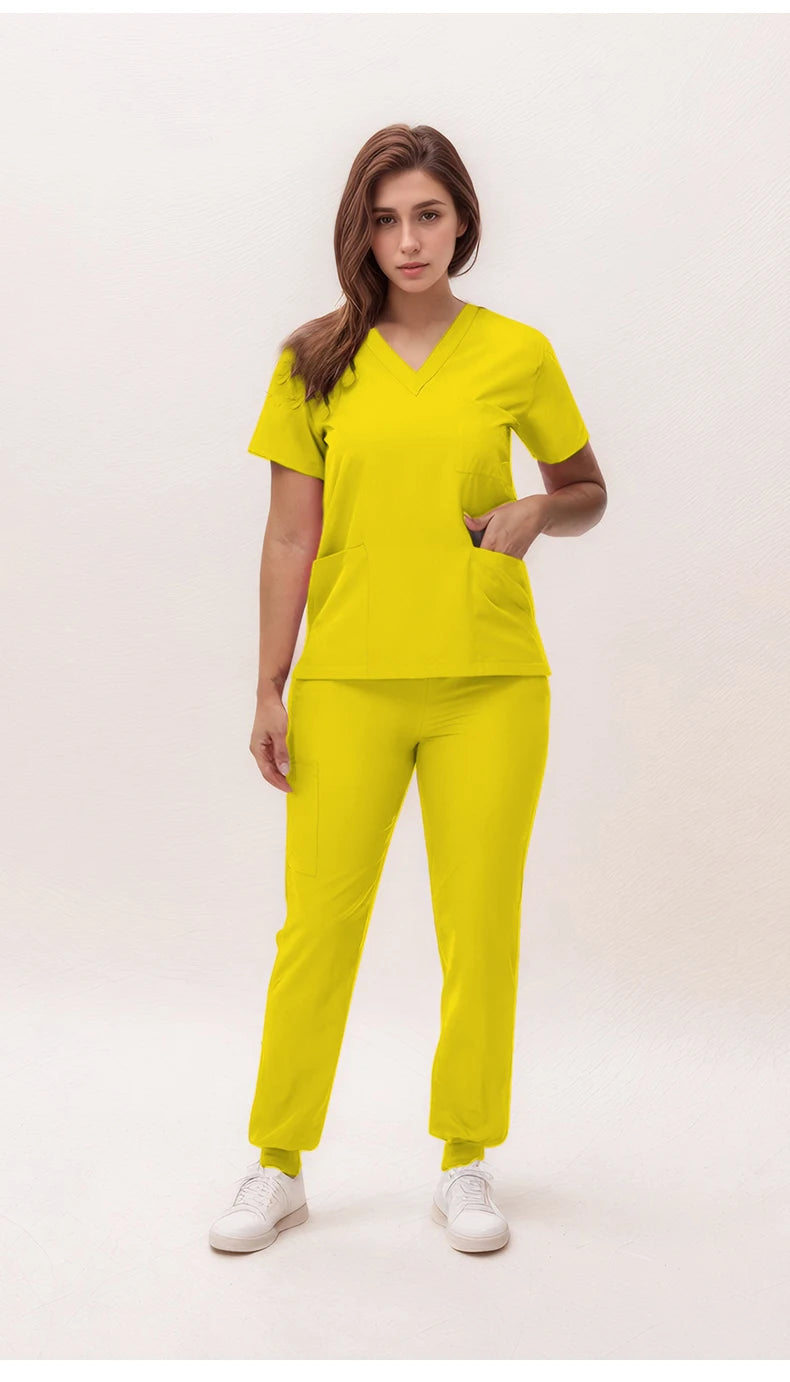 Women's Medical Scrubs Set 2025 - V-Neck Top & Jogger Pants Nursing Uniform