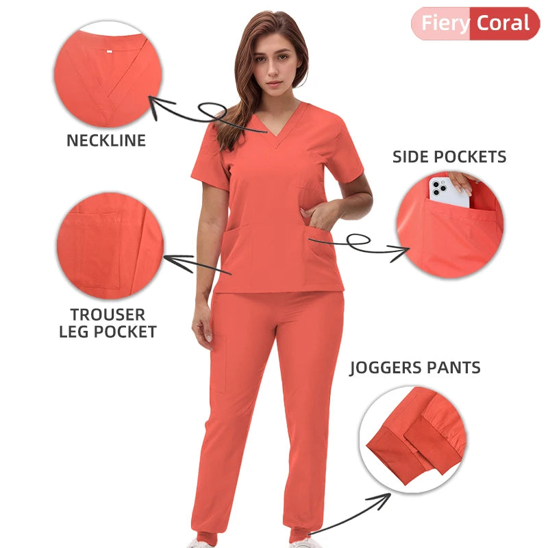 Women's Medical Scrubs Set 2025 - V-Neck Top & Jogger Pants Nursing Uniform