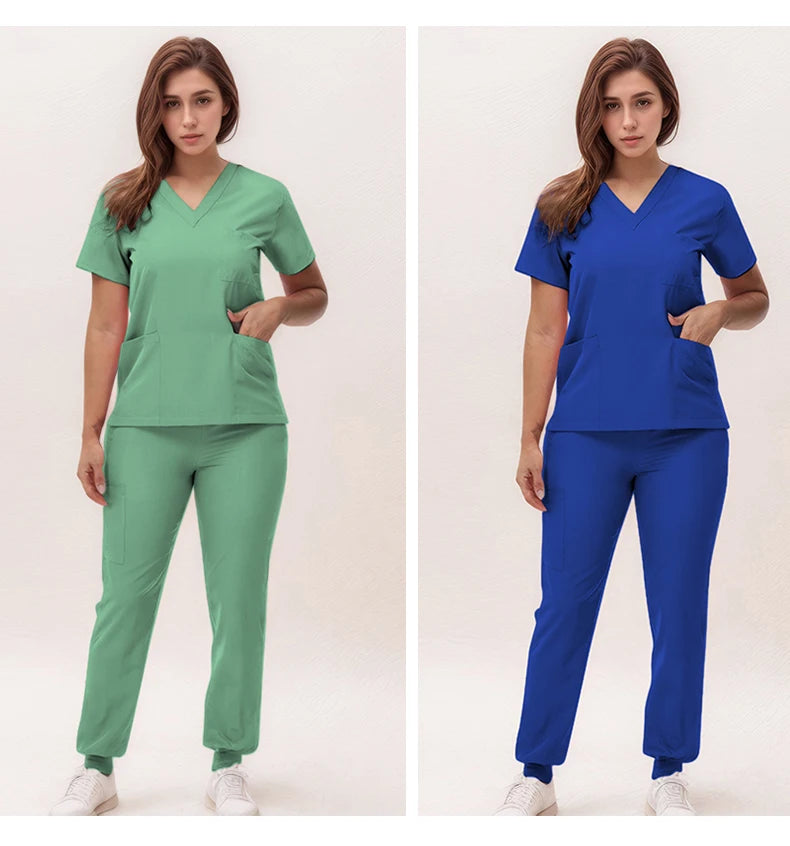 Women's Medical Scrubs Set 2025 - V-Neck Top & Jogger Pants Nursing Uniform