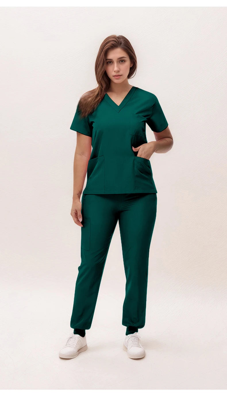 Women's Medical Scrubs Set 2025 - V-Neck Top & Jogger Pants Nursing Uniform