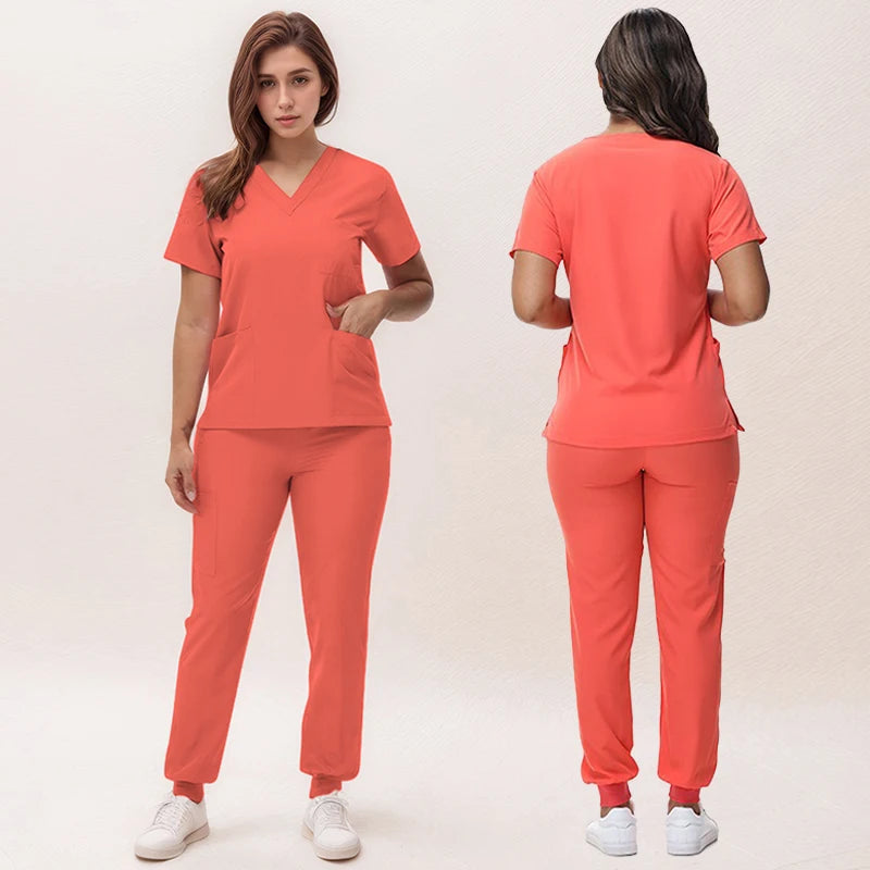 Women's Medical Scrubs Set 2025 - V-Neck Top & Jogger Pants Nursing Uniform