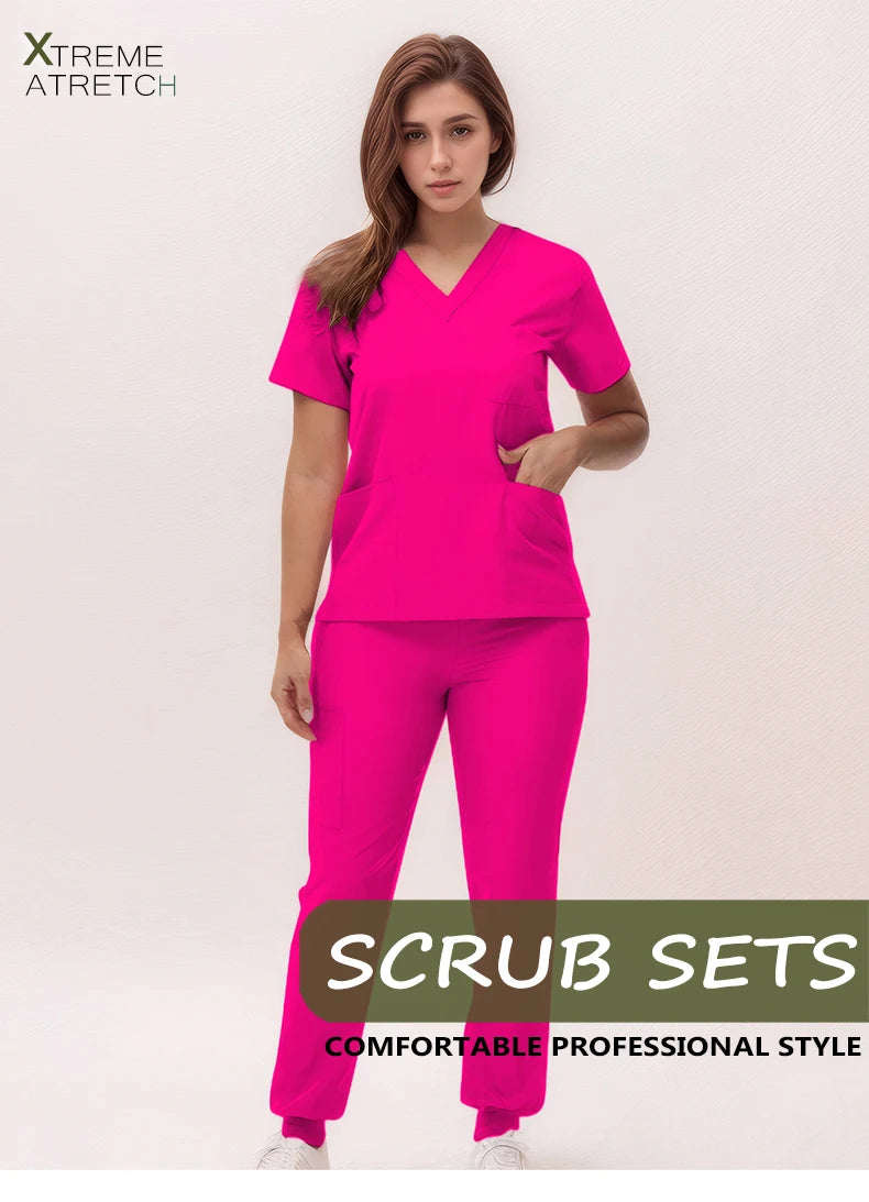 Women's Medical Scrubs Set 2025 - V-Neck Top & Jogger Pants Nursing Uniform