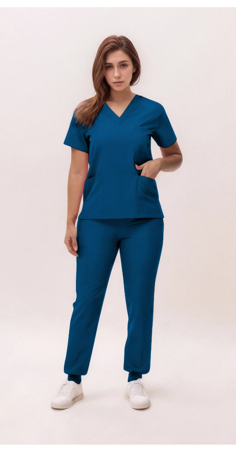 Women's Medical Scrubs Set 2025 - V-Neck Top & Jogger Pants Nursing Uniform