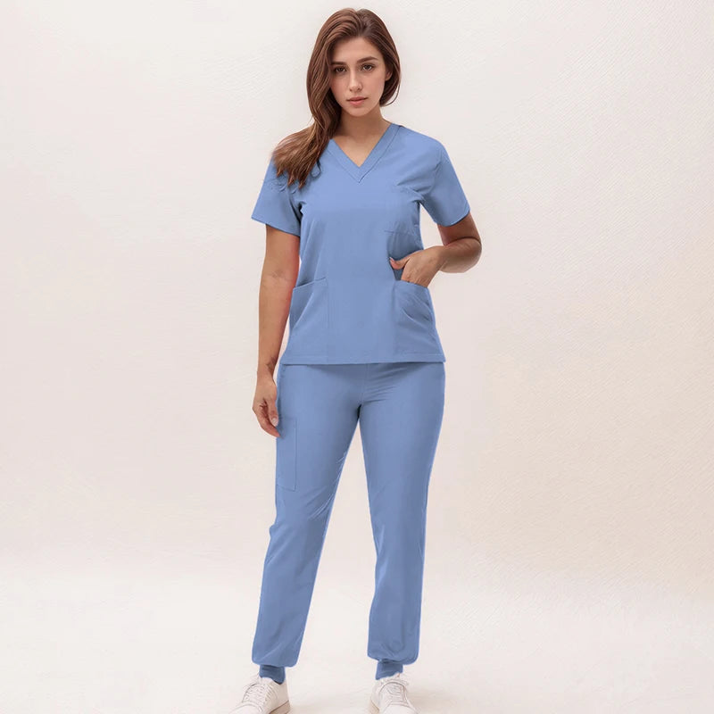 Women's Medical Scrubs Set 2025 - V-Neck Top & Jogger Pants Nursing Uniform