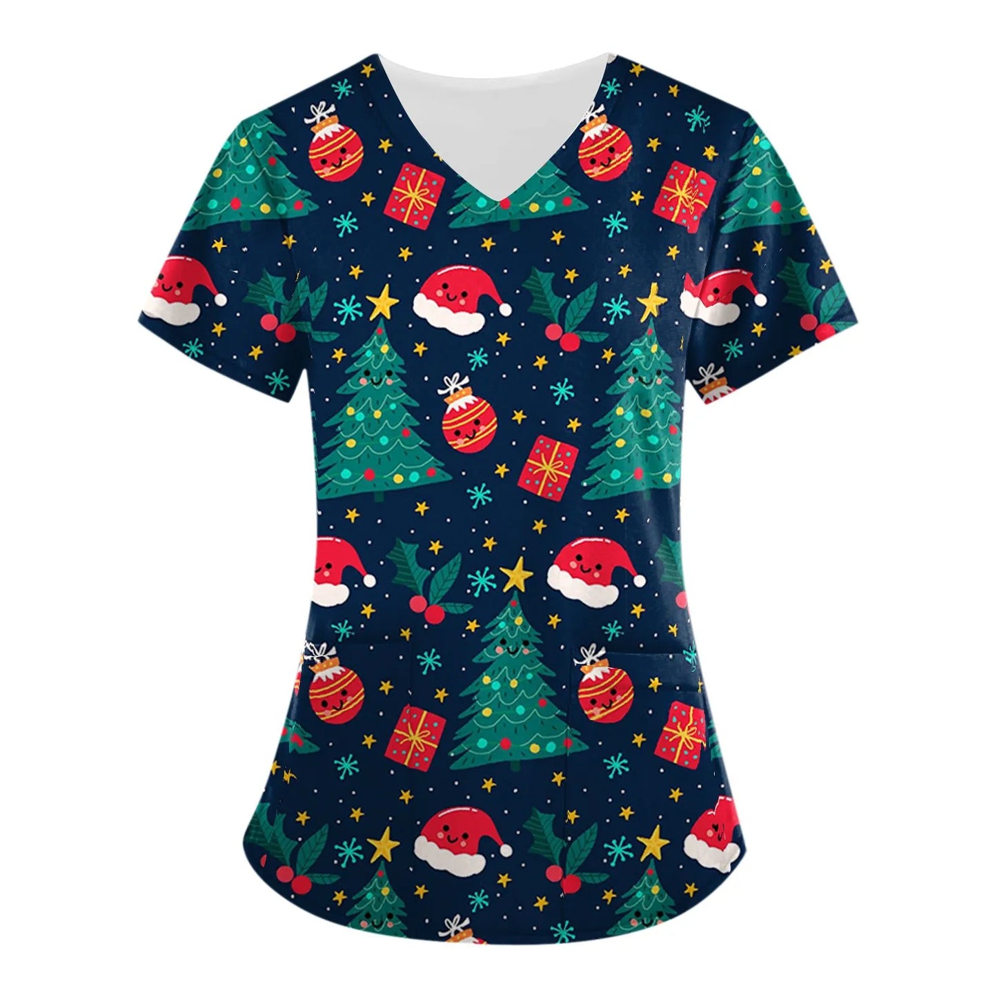 Christmas Scrub Top - Women's V-Neck Nursing Uniform with Festive Cartoon Print