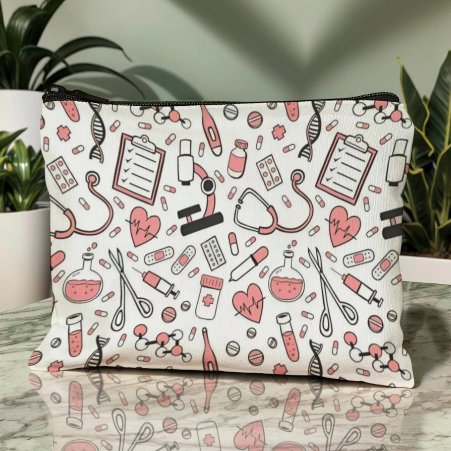 Medical Print Makeup Bag - Nurse Cosmetic Organiser with Pills & Syringe Pattern