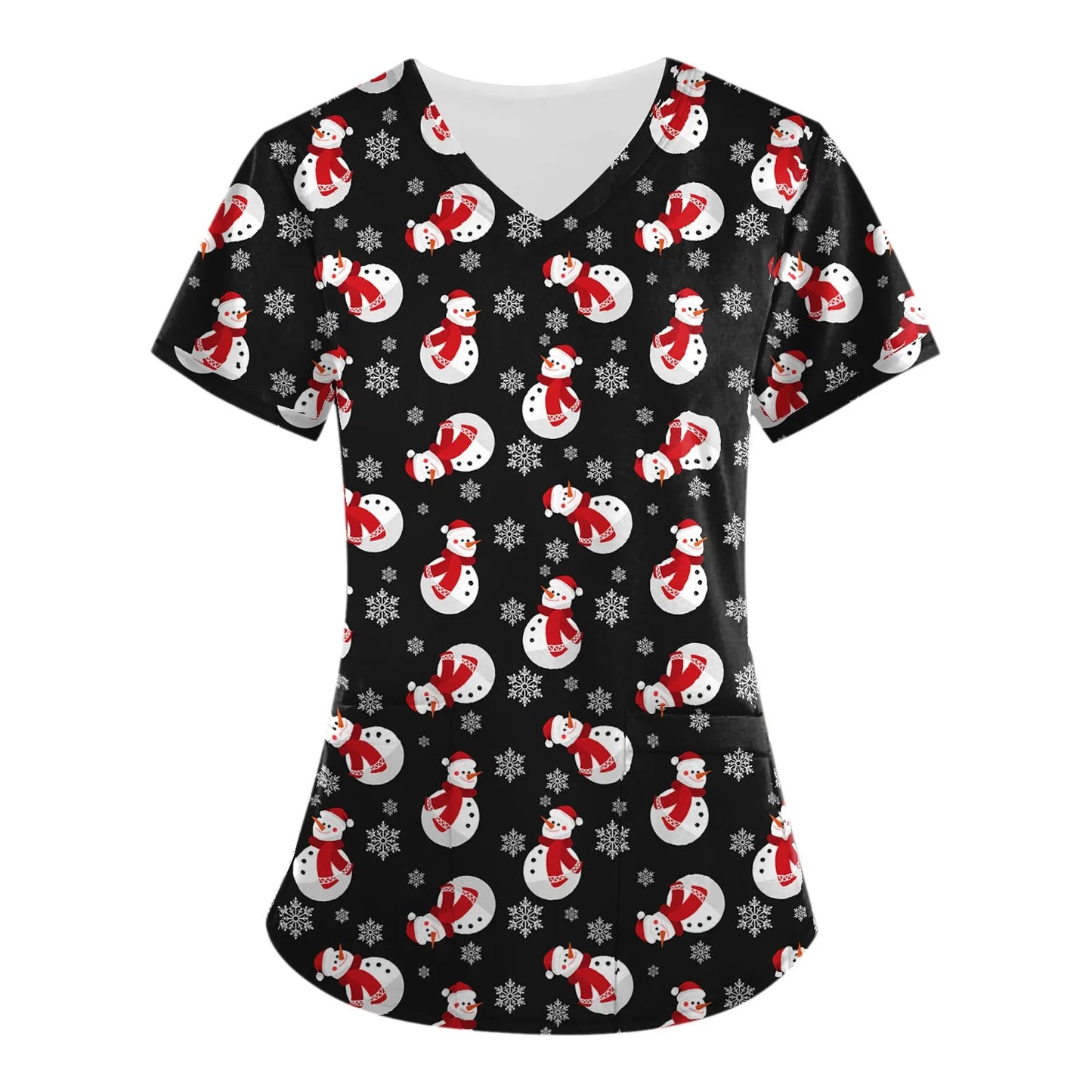 Christmas Scrub Top - Women's V-Neck Nursing Uniform with Festive Cartoon Print