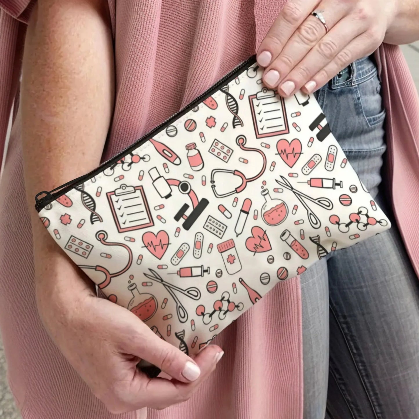 Medical Print Makeup Bag - Nurse Cosmetic Organiser with Pills & Syringe Pattern