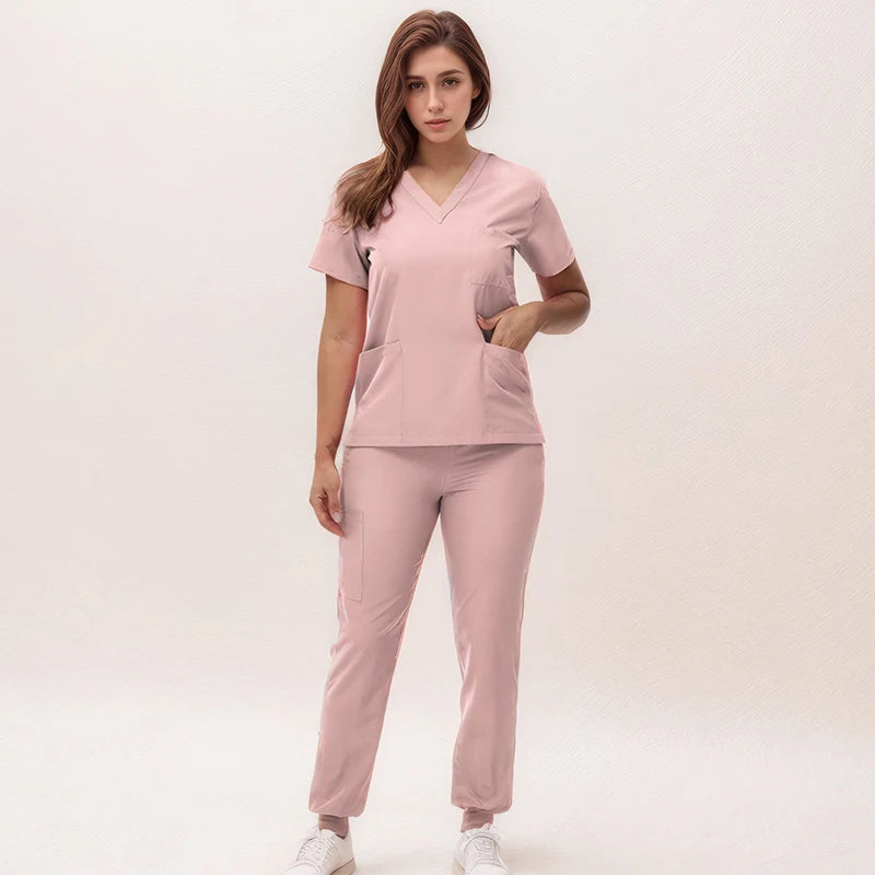 Women's Medical Scrubs Set 2025 - V-Neck Top & Jogger Pants Nursing Uniform