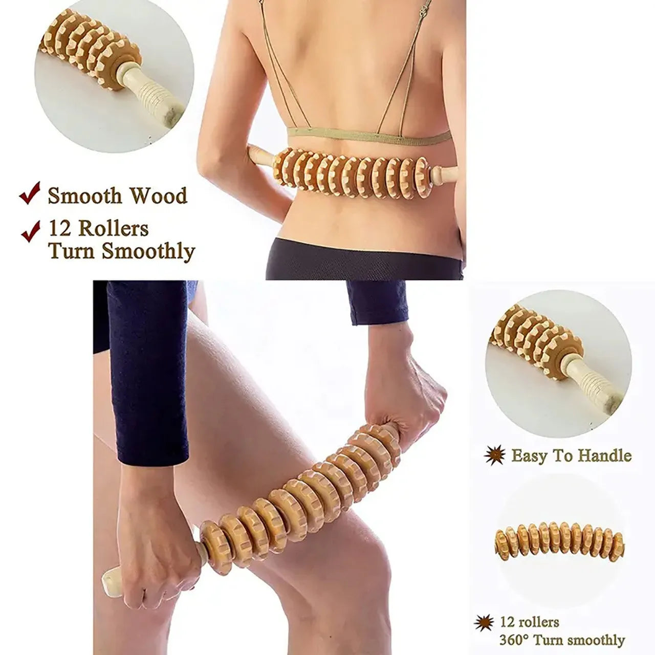 Wooden Body Fascia Massager - Anti-Slip Roller for Back, Arms, Legs & Thighs