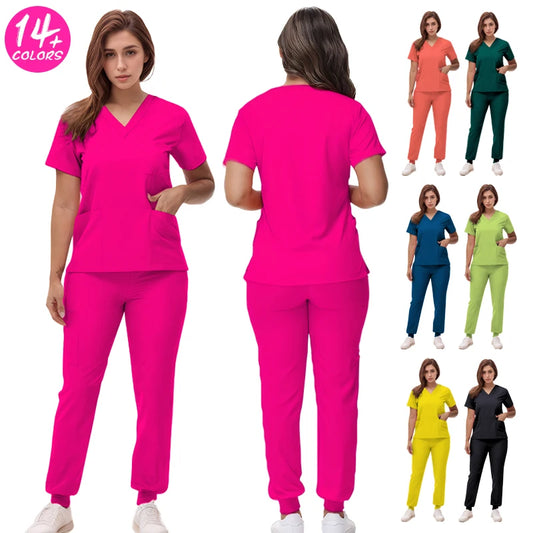 Women's Medical Scrubs Set 2025 - V-Neck Top & Jogger Pants Nursing Uniform