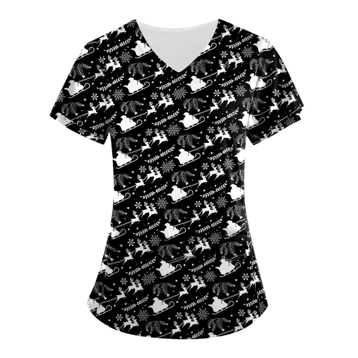 Christmas Scrub Top - Women's V-Neck Nursing Uniform with Festive Cartoon Print