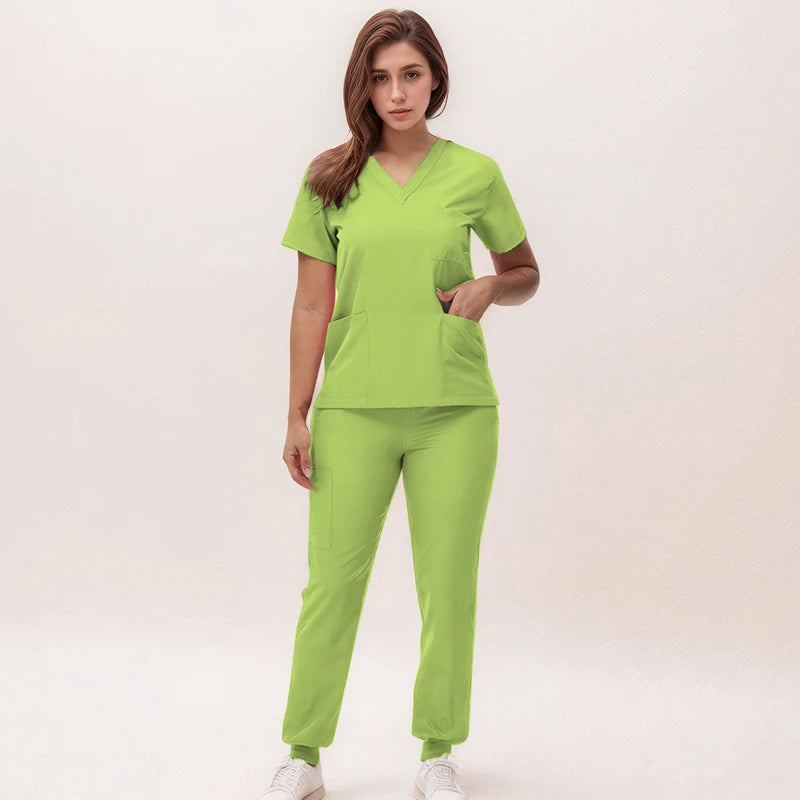 Women's Medical Scrubs Set 2025 - V-Neck Top & Jogger Pants Nursing Uniform