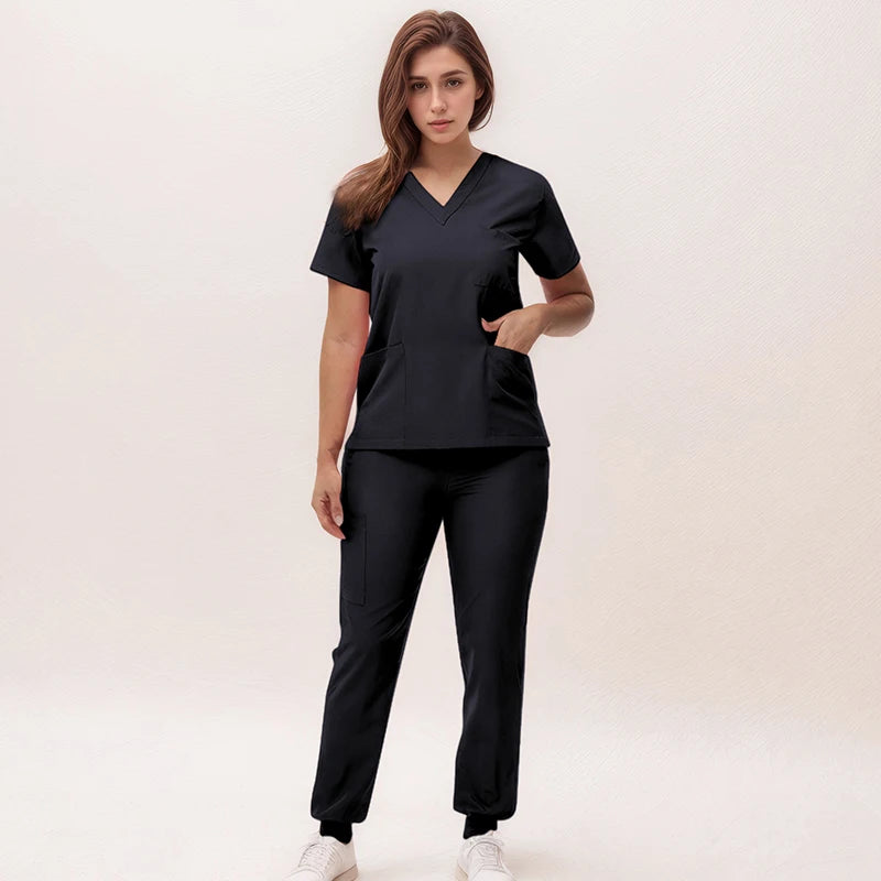Women's Medical Scrubs Set 2025 - V-Neck Top & Jogger Pants Nursing Uniform