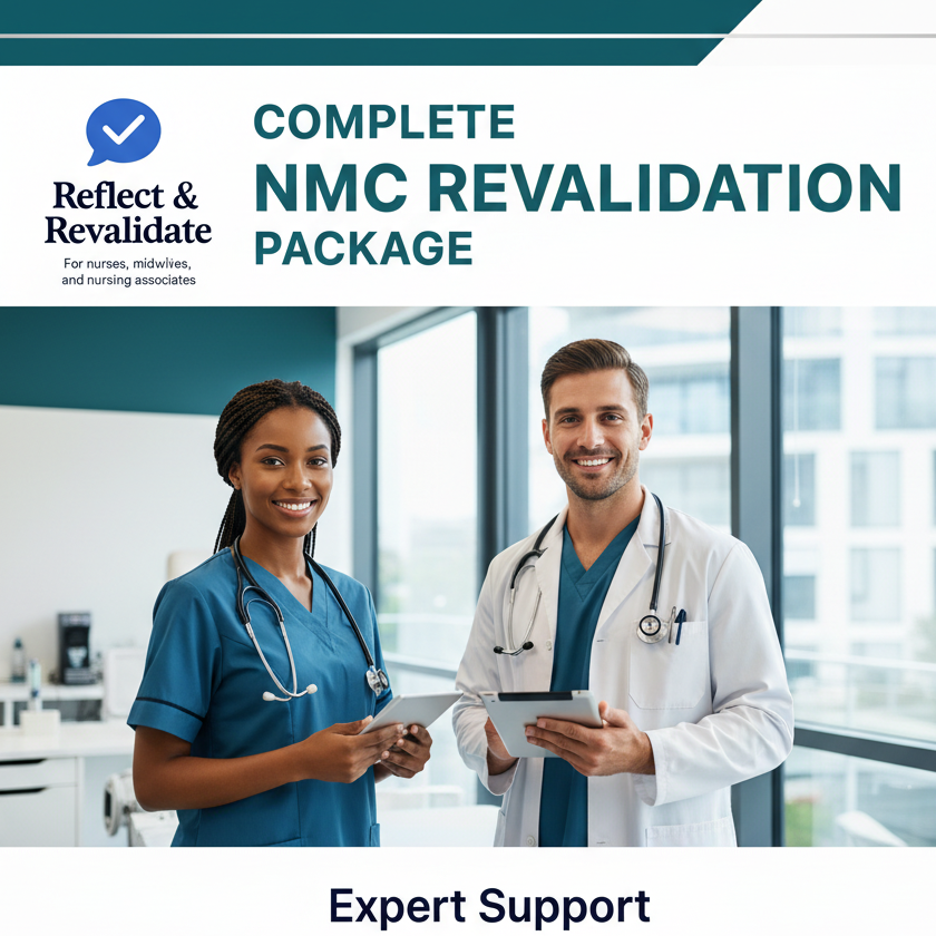 A healthcare professional consulting with a nurse in a clinical setting, promoting the Complete NMC Revalidation Package by Reflect & Revalidate. This package offers expert support for nurses, midwives, and nursing associates.